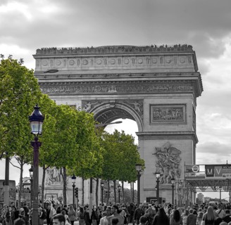 View of the Arc de Triomphe seen from the Champs Élysées, black and white, Paris, France