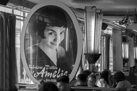 Poster at Café des Deux Moulins, filming location of the movie The Fabulous World of Amélie, 15 Rue