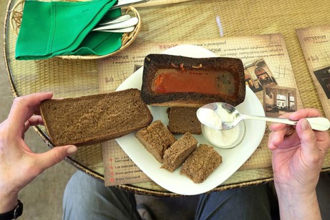 Goulash soup in sliced bread, specialty in Ukraine, Chernowicz, Ukraine