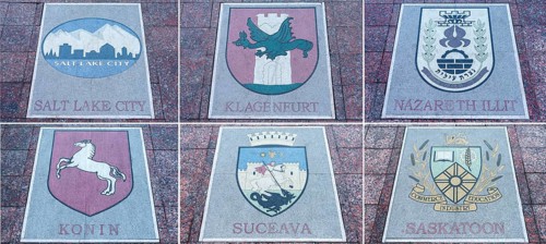 Six floor plates, coats of arms of various European countries on the central square in Czernowicz,