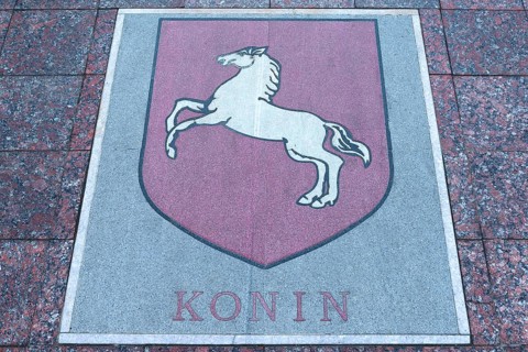 Base plate, coat of arms of Konin, Poland, on the central square in Czernowicz, Ukraine