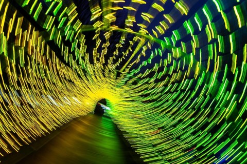 Light, tunnel, in motion, light tunnel, changes light color, light installation at park lights in