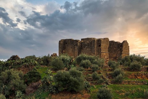 Massive stone walls, ruins and Mediterranean vegetation on a hill, sunset, Chiesa di Santa Maria di