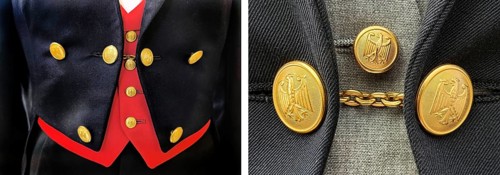 Picture pair, federal tailcoat for men on the left, black tailcoat with red vest and golden buttons