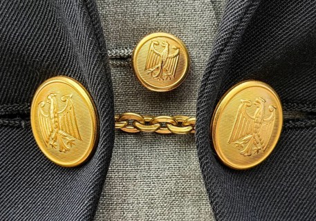 Custom tailcoat for woman since 1989, grey tailcoat with vest and golden buttons with federal eagle