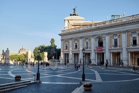 Palazzo Nuovo, tourists in Piazza del Campidoglio on Capitoline Hill, Capitol Square, Rome, Lazio,