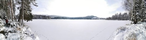Panoramic view of frozen snowy lake, Rennsteig, Thuringian Forest