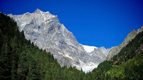 Impressive rocky mountain landscape with dense green forests, Chalaadi Glacier, Georgia