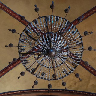 Detail of a luxurious chandelier on a decorated ceiling, Batumi, Georgia