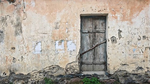 Abandoned wall with old wooden door and rough texture, Georgia