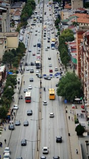 Aerial view of a busy city street with lots of cars and passers-by, Prizren, Kosovo
