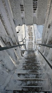 Snowy, icy staircase offers interesting perspective and structural details, Schneeberg,