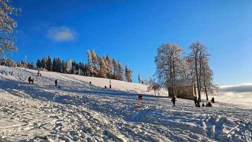 People sledding on a snowy hill under blue skies next to a house, Rennsteig, Thuringian Forest