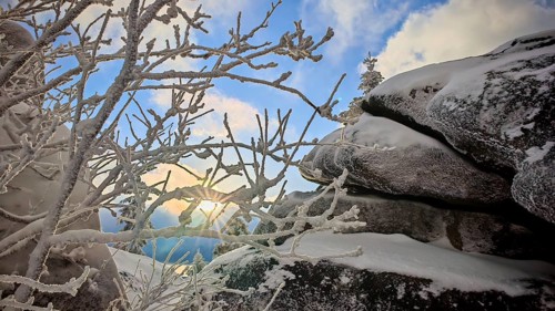 Sunlight flashing through snowy branches and illuminating rocks, Fichtelgebirge, Bavaria