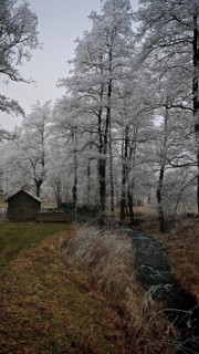 A small hut stands in a wintry landscape with snow-covered trees and a river, mystical, romantic,