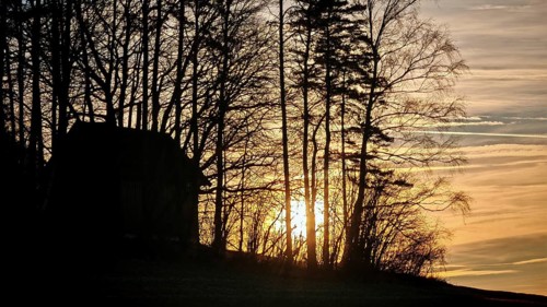Barn and tree silhouettes against rising sun and colorful sky at dawn