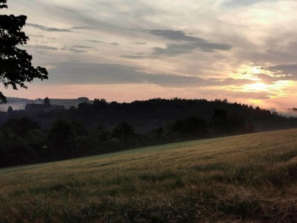 Wide green landscape with castle in the haze of sunrise
