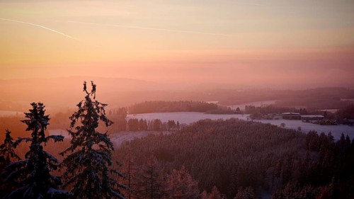 Colourful sunset over a snowy hill and forest landscape