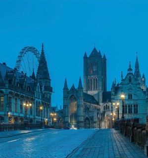 Ghent, Belgium, Flanders. The Cathedral and Historical Town from a bridge. UNESCO