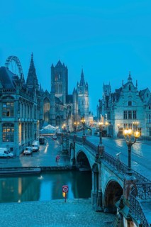 Ghent, Belgium, Flanders. The Cathedral and Historical Town from a bridge