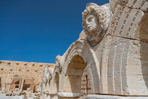 Leptis Magna, Libya, North Africa. The Medusa head on archaeological remains from the majestic