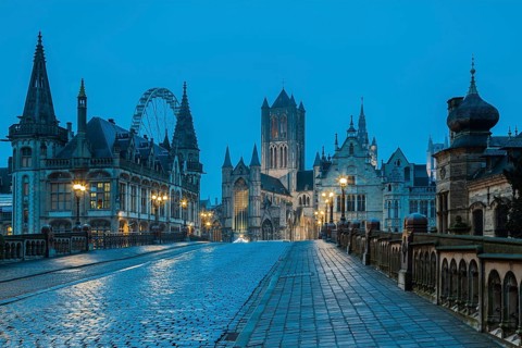 Ghent, Belgium, Flanders. The Cathedral and Historical Town from a bridge. UNESCO