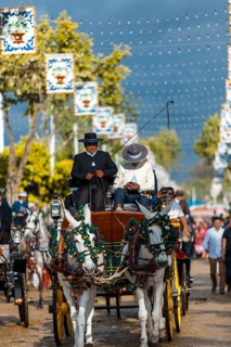 Seville, Spain, Europe. Men in traditional equestrian clothes driving a horse drawn carriage during