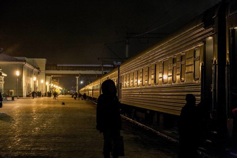 Siberia, Russia. One of the numerous stops on the Trans-Siberian railway at night