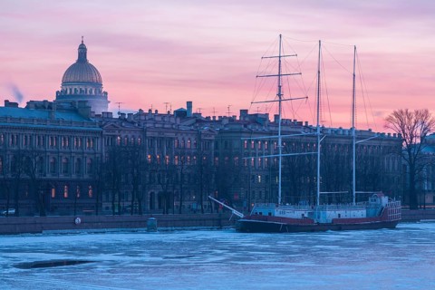 St Petersburg, Russia. St Isaac s Cathedral cupola seen from across the historic buildings on the