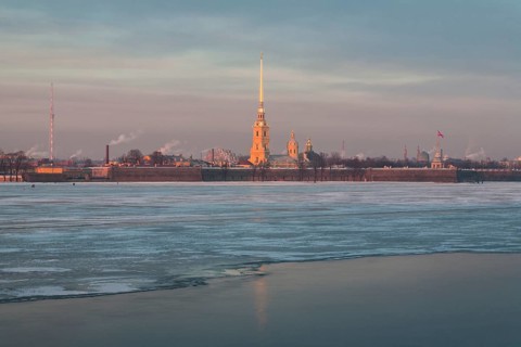 St Petersburg, Russia. Vasilevsky Island as seen from the partially frozen Neva river