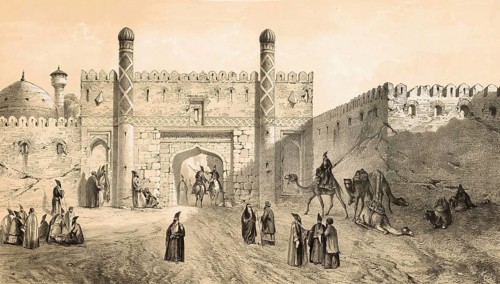 City gates in old Tehran, Iran, authentic, digitally restored reproduction from a 19th century