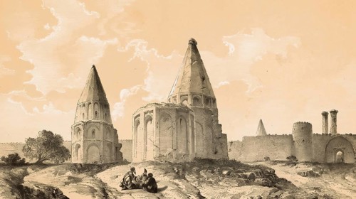 Tomb columns, tomb tombs in Qom, Iran, authentic, digitally restored reproduction from a 19th