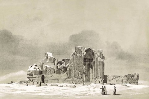 Ruin of a mosque near Tabriz, Iran, authentic, digitally restored reproduction of a 19th century