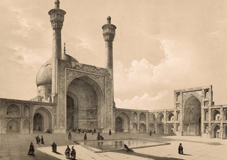 Courtyard, Great Mosque in Isfahan, Iran, authentic, digitally restored reproduction from a 19th