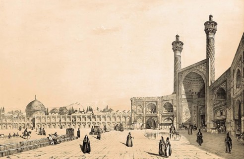 Entrance to the great mosque in Isfahan, Iran, authentic, digitally restored reproduction from a