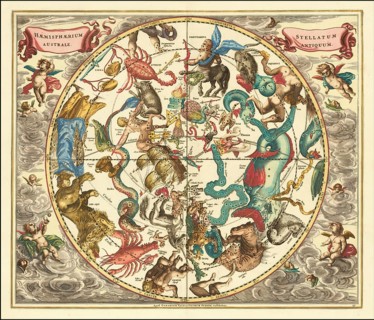 Historical sky map titled Haemisphaerium Stellatum Australe Antiquum, Ancient Southern Half of