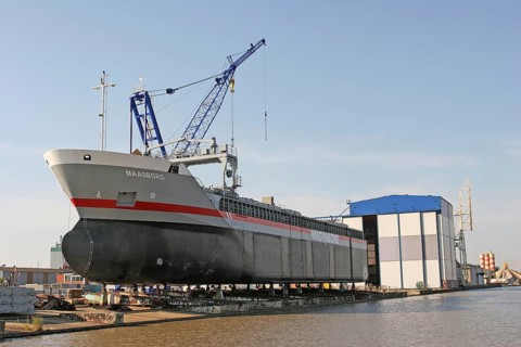 Freight ship MAASBORG at the shipyard, Leer, East Frisia, Germany