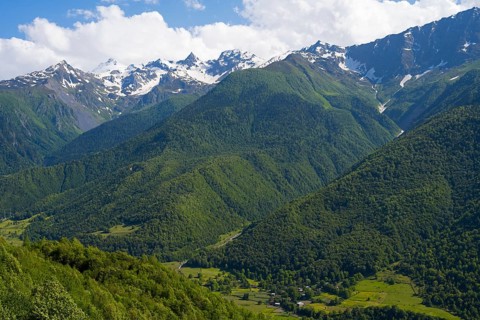 Wide green valley with snow-covered mountains in the background under clear sky, landscape near