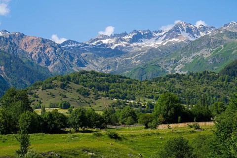 Mountain landscape with snow-capped peaks, green hills and a meadow under a clear sky, landscape