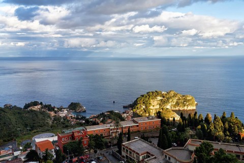 View of Isola Bella, coastline, Ionian Sea, Taormina, Sicily, Italy