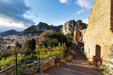 Greek Theatre, Teatro Greco, view of picturesque town, hills and mountains, panoramic view,