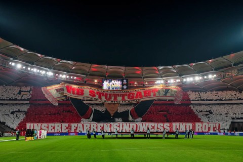 Choreo, choreography, fan action VfB Stuttgart, Cannstatter Kurve, OUR COLORS ARE WHITE AND RED