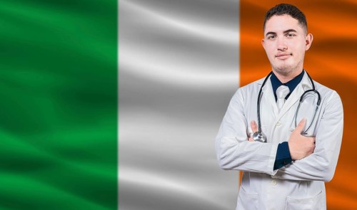 Portrait of medical professional on Ireland flag background. Irish national health system