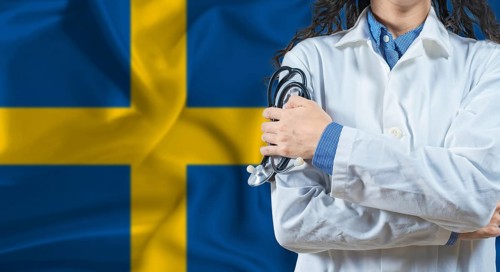Healthcare professional with Sweden flag background. Professional doctor holding stethoscope on