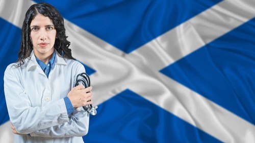 Scottish national health system, Medical professional on Scotland flag background