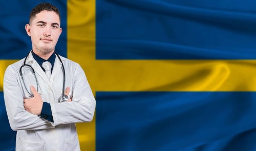 Portrait of medical professional on Sweden flag background. Swedish national health system