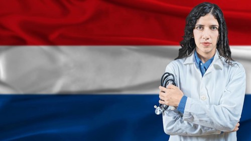Dutch national health system, Medical professional on Netherlands flag background