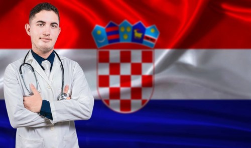 Portrait of medical professional on Croatia flag background. Croatian national health system