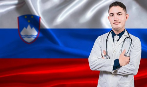 Portrait of medical professional on Slovenia flag background. Slovenian national health system