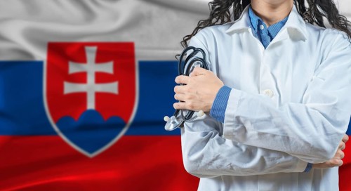 Healthcare professional with Slovakia flag background. Professional doctor holding stethoscope on